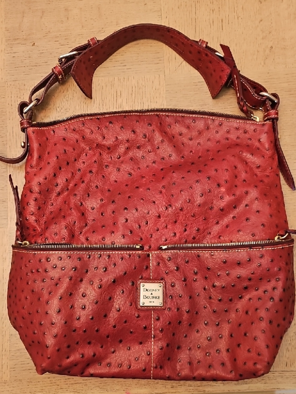 Dooney & Bourke Red Ostrich-Texture Shoulder Bag with Gold Hardware